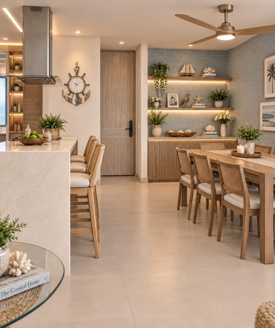 Cocina y comedor del apartamento con estilo costero