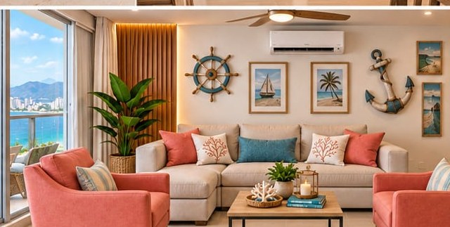 Sala con vista al mar y decoración marinera