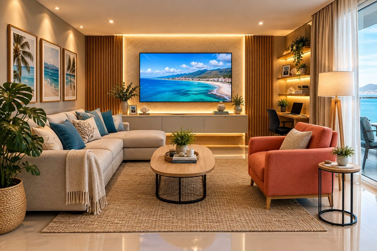 Sala del apartamento Sierra Tayrona Wind con decoración marinera y vista al mar